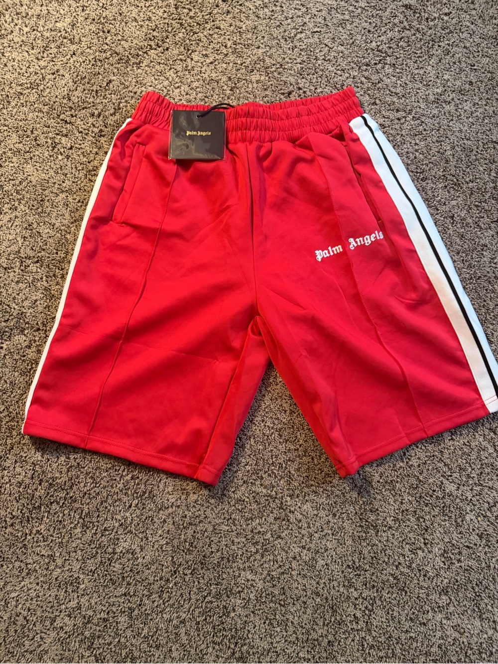 Palm Angels Red Athletic Shorts with White & Black Side Stripes